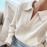 V-neck Knit Pile Collar Polo Sweaters Top